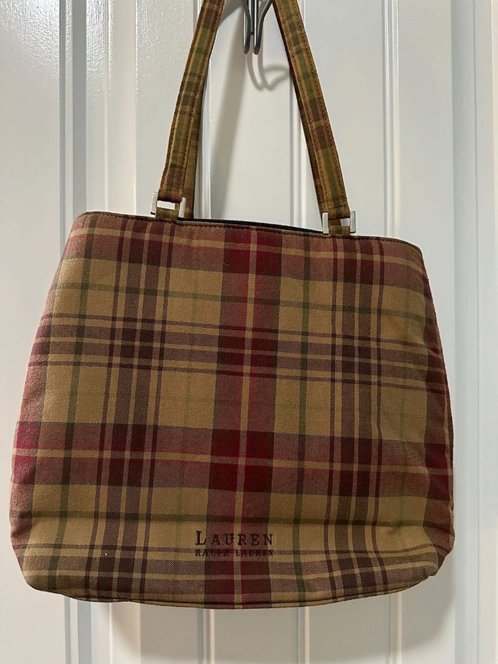 Ralph Lauren Plaid Wool-Blend Tote Shoulder Bag, Tan/Burgundy/Olive Tartan